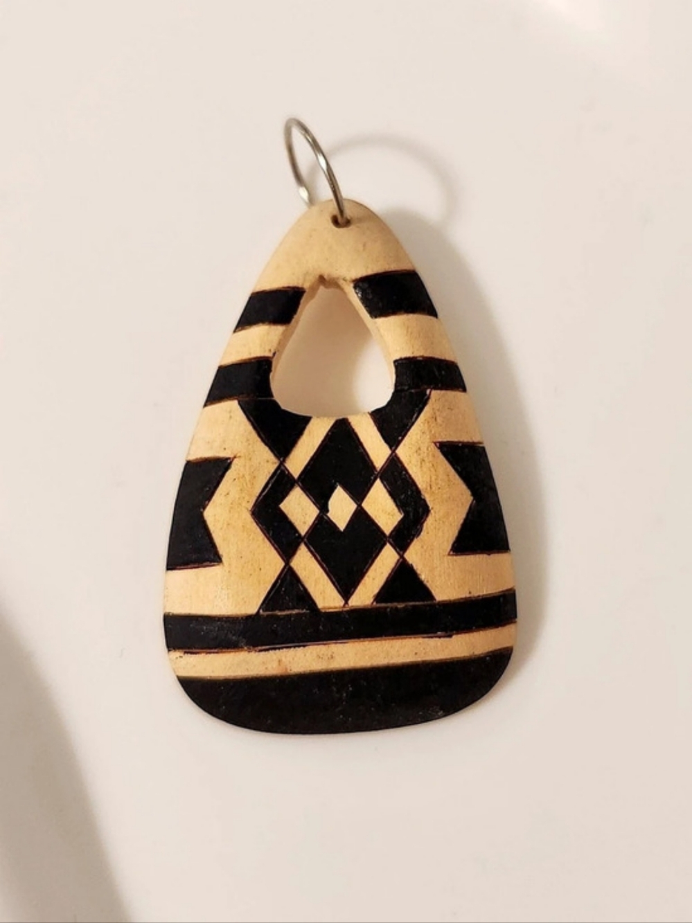 Geometric Tribal Wood Or Coconut Carved Necklace Pendant in Black & Tan
